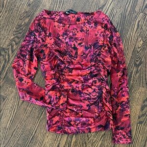 White House Black Market Red and Pink Floral Long Sleeve Top
